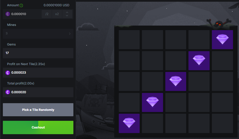 Example mines game showing 2.00x multiplier for successfully selecting 5 gems in a game of 3 mines.